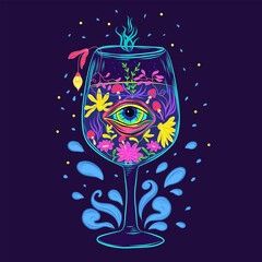 Surreal Psychedelic Glass with Eye, Flowers and Mushrooms – Trippy Poster Art Surreal and psychedelic illustration of a glowing wine glass filled with vibrant abstract flowers, mushrooms