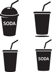 Black and White Silhouette of Soda in a Takeaway Cup with Straw and Lid, Isolated on White Background