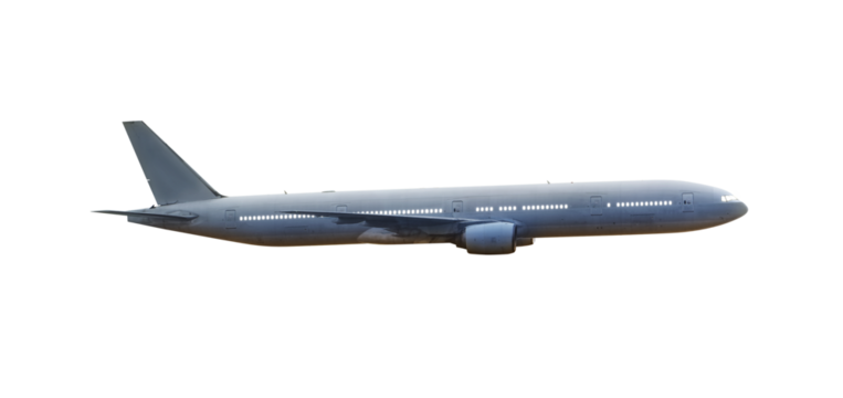 Modern passenger airplane flying with transparent background