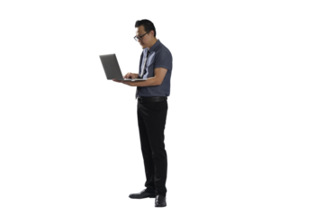 Asian office worker standing and typing on laptop with transparent background