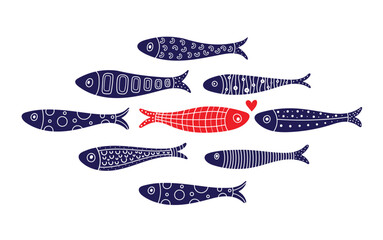 Cute poster with fish. Love. Vector  illustration of sardine.