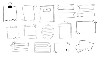 Memo page bullet jourlal note sketch, hand drawn doodle stickers office list box or frame. Comic planner reminder, set stationery design elements.