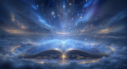 Against a dark night landscape, a mystical scene unfolds with an open book and a magic mirror in the foreground, evoking a sense of fantasy