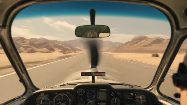 A single-propeller light aircraft cracked desert airstrip dawn. A pilot flips switches cockpit close-up on throttle dials. propeller roars life, faster golden sunlight breaks horizon. Dust swirls