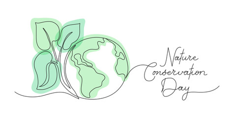 World Nature Conservation Day text banner template. One continuous line art background globe and leaves. Editable stroke hand drawn lettering. Outline drawing typography eco natural concept sketch.