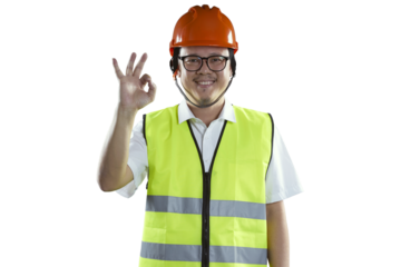 Smiling asian engineer gesturing ok sign with transparent background