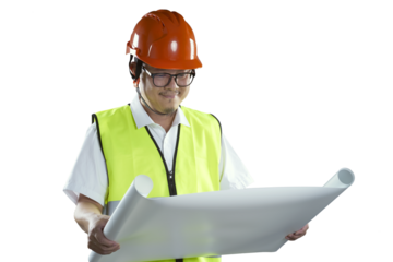 Architect reading a blueprint wearing safety equipment on transparent background