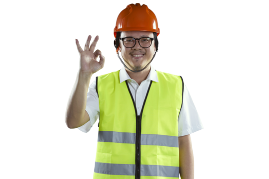 Smiling asian engineer gesturing ok sign with transparent background - Powered by Adobe