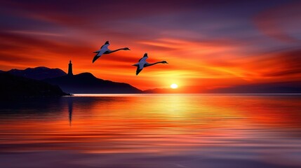 Fototapeta premium Serene Sunset Landscape with Flying Birds