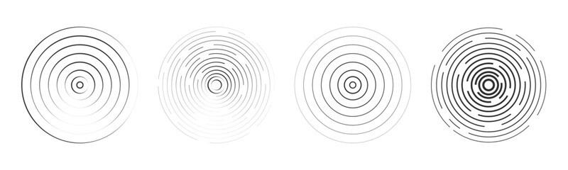Sound wave, radar signal line. Concentric round circle effect, circular water ring. Contour vibration scan or music. Target screen, scannner swirl.