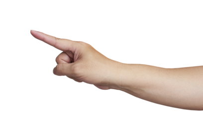 Hand pointing with index finger on transparent background