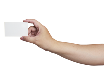 Hand holding blank business card with transparent background