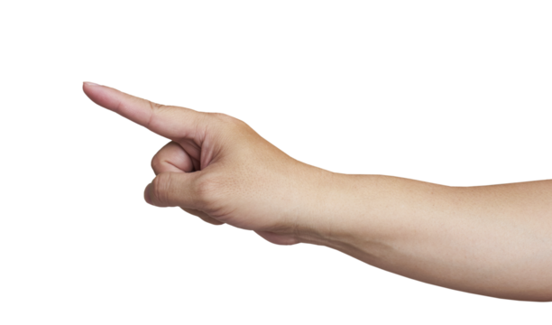 Hand pointing with index finger on transparent background