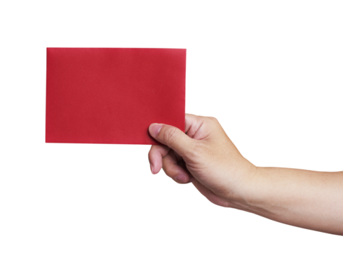 Hand holding red envelope on transparent background