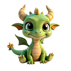Fototapeta premium A cute green cartoon dragon with big eyes and horns sitting down on a black isolated background isolated on transparent background