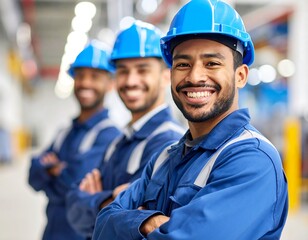 Three smiling factory workers in blue uniforms and hard hats (1)