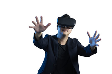 Businessman exploring virtual reality using vr headset on transparent background