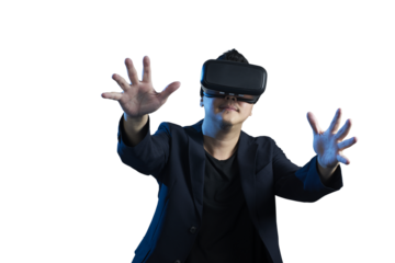 Businessman exploring virtual reality using vr headset on transparent background