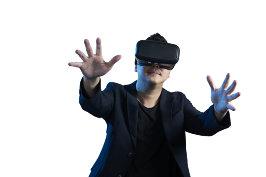Businessman exploring virtual reality using vr headset on transparent background