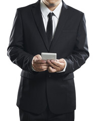 Businessman using smartphone with transparent background