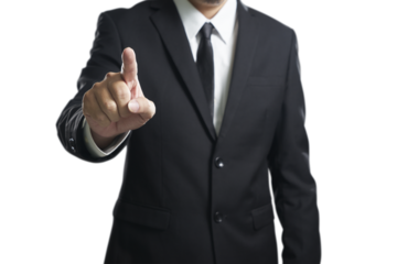 Businessman touching transparent screen with index finger