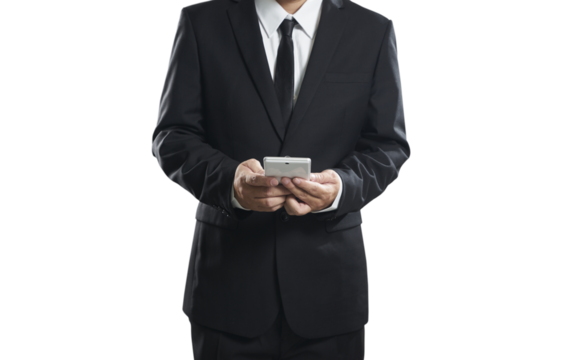 Businessman using smartphone on transparent background