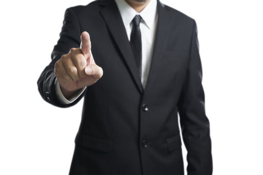 Businessman touching transparent screen with index finger