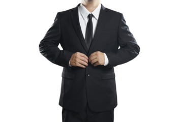 Businessman buttoning his suit jacket on transparent background