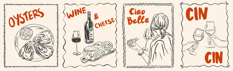 Hand draw La Dolce vita lifestyle illustrations. Picnic in french or italian style with wine, charcuterie, cheese, oyster. Chalk charcoal style drawing for poster, placard or print