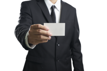 Businessman showing blank business card on transparent background