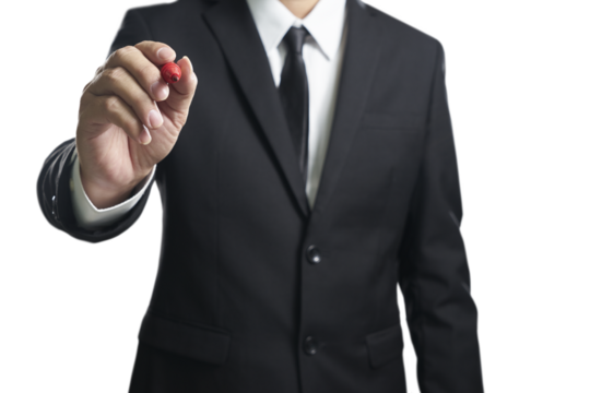 Businessman writing with red marker on transparent background