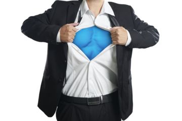 Businessman opening shirt revealing superhero suit underneath on transparent background