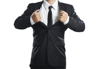 Businessman opening suit revealing white shirt on transparent background