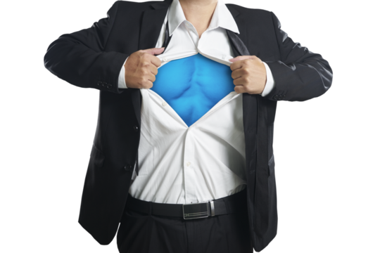 Businessman opening shirt revealing superhero suit underneath on transparent background - Powered by Adobe