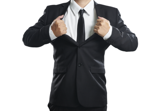 Businessman opening suit revealing white shirt on transparent background