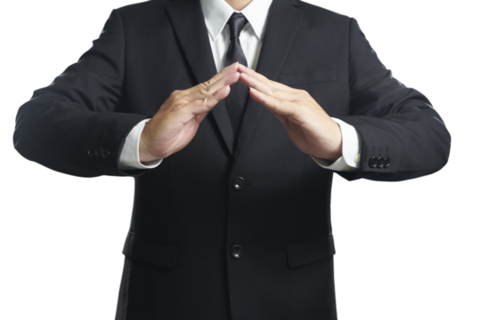 Businessman protecting something with hands and transparent background