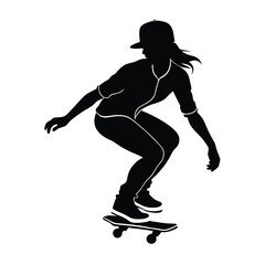 A vector silhouette of a girl skating on a skateboard. She is captured in a dynamic, crouching pose