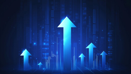 Dynamic Blue Upward Arrows Symbolizing Business Growth, Financial Success, and Positive Market Trends on a Modern Technology Background with Data Visualization Elements.