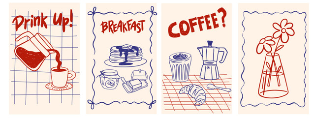 Hand drawn breakfast la dolce vita posters. Vector illustration of food and coffee icons in chalk, crayon drawing style for invitations, menus, parties. Minimalist line art for poster, placard, print