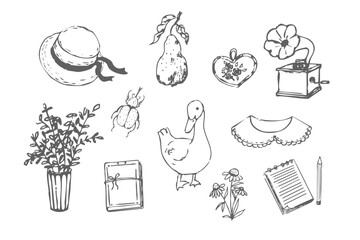 Cottagecore set cosy country rural things sketch. Retro cute whimsy farm themed cottage core aesthetic. Hobby collection, vegetables doodle.