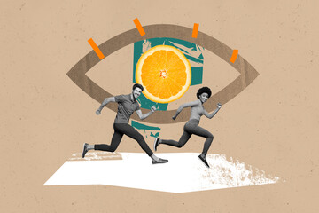Composite art 3d creative image collage of two happy girl guy run esoteric freemason eyeball art...