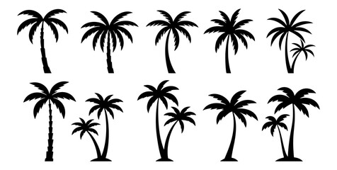 A palm tree logo icon set for a tropical vacation. Logo, flyer, background, advertising for tourism and seaside holidays. Transparent PNG version.