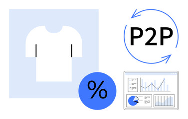 White T-shirt, P2P recycling icon, percentage sign in blue circle, analytics screen with graphs. Ideal for ecommerce, sustainability, teamwork, data, finance marketing simple landing page