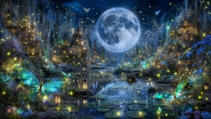 A fantasy forest, steeped in mystery and abstraction, is set ablaze with neon lights, under the cover of a magical, nocturnal sky