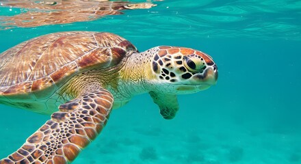 Fototapeta premium Majestic Sea Turtle Gracefully Gliding Through Vibrant Turquoise Waters