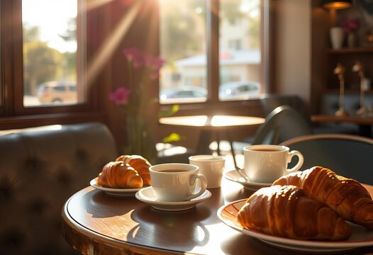 Sunlight streams onto cafe table; coffee, croissants, pastries  ,   French,   cozy