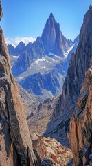 Towering peaks aggressively pierce the vibrant blue sky, offering a breathtaking landscape filled with rugged rocky formations. This stunning view showcases the raw beauty of nature