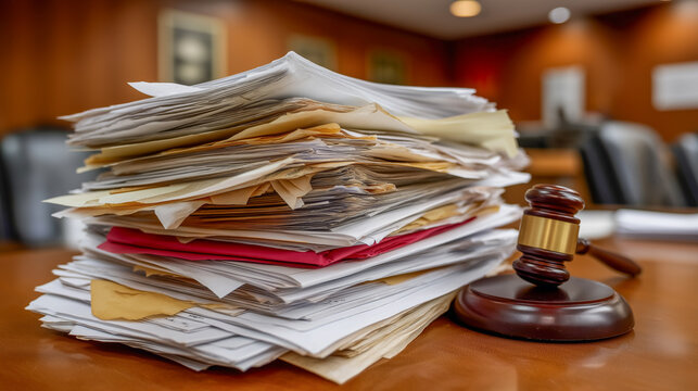 Gavel next to a large document stack
