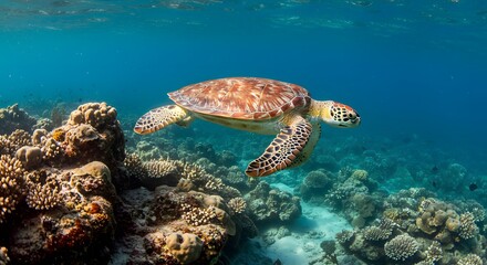Naklejka premium Majestic Green Sea Turtle Gracefully Gliding Through Vibrant Coral Reef