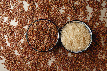 Organic brown rice showcases its earthy tones beside polished white rice